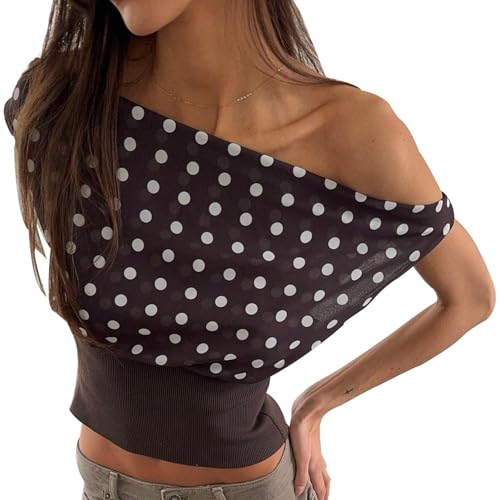 Argeousgor Women Polka Dot Off The Shoulder Top Y2k Backless Tie Up Crop Tank Top Sleeveless Asymmetrical Going Out Shirt