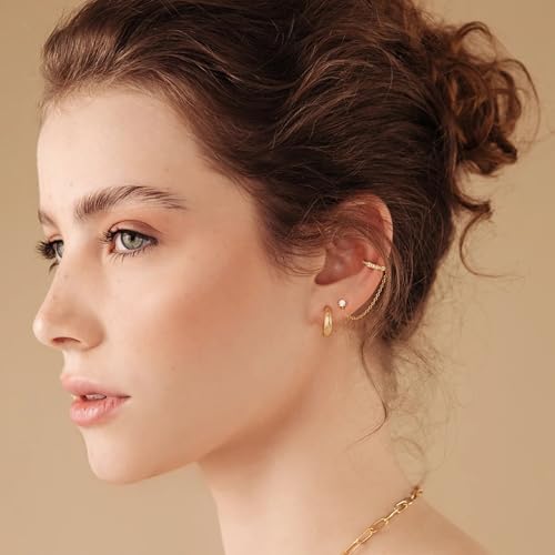 Pencros Ear Cuff Chain Earrings for Women Trendy, 14K Gold Plated Minimalist Chain Diamond Studs Earrings for Women Hypoallergenic Lightweight Stackable Earrings for Women Gift Jewelry2