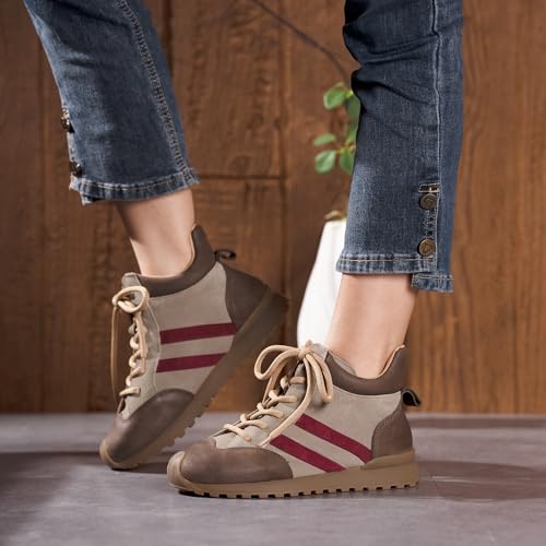 AFrown Women's Genuine Leather Fashion Sneakers, Retro Suede Patchwork Casual Walking Shoes, Comfortable Lightweight Low-Top Dress Sneakers for Women, Stylish Non-Slip Everyday Travel Shoes, Brown 6 — view 2
