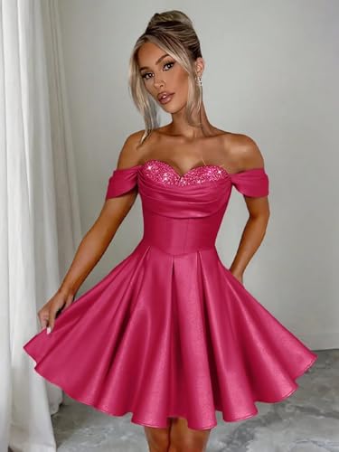 Bekvamlighet Teens Short Homecoming Dresses Satin Off The Shoulder Wedding Dress Beaded Graduation Party Gown2