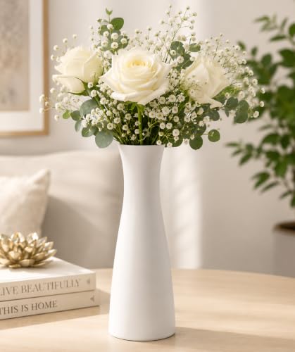 Image of White Ceramic Flower Vase for Home Decor, Modern Decorative Vase for Living Room, Bedroom & Office, Minimalist Table Centerpiece for Roses, Tulips, Baby's Breath & Artificial Flowers
