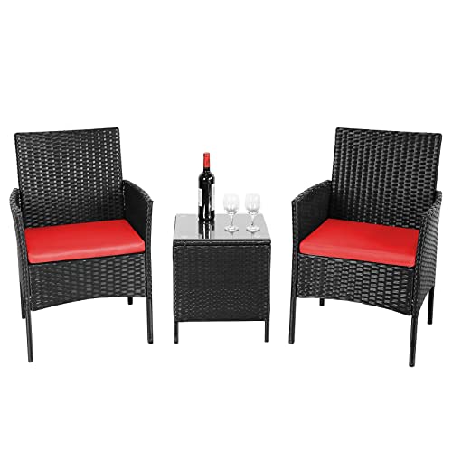 Sweetcrispy 3 Pieces Patio Furniture Sets, Wicker PE Rattan Bistro Outdoor Conversation Table and Chairs Black/Red