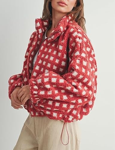 Yoawdats Womens Cute Sherpa Fleece Jacket Fuzzy Zip Up Checkered Cropped Going Out Jacket Teddy Fluffy Casual Outerwear3