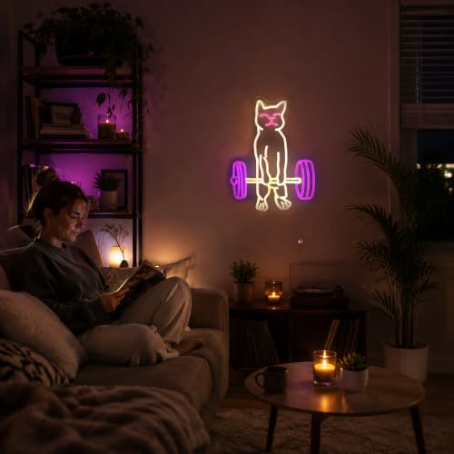 Image of Cat Lifting Weight Neon Sign Led Gym Lighting for Home Gym wall Decor gift