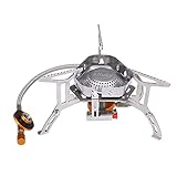 【Effizient & Energieeffizienz】Die Wabenfeuerplatte ist mit einem Zugluftschutz aus Edelstahl ausgestattet, die Flamme ist stabil und der Kraftstoff kann vollständig verbrannt werden, während Kraftstoffeinsparungen erzielt werden. 3500W camping gaskocher kann einen Liter Wasser in Minuten kochen.