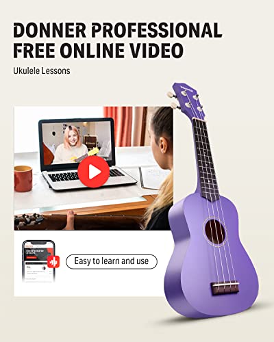 Image of Donner Soprano Ukulele for Beginner 21 Inch Matte Ukulele Beginner Kit with Bag Strap Tuner Strings Picks Cloth, Free Online Lessons (Purple)
