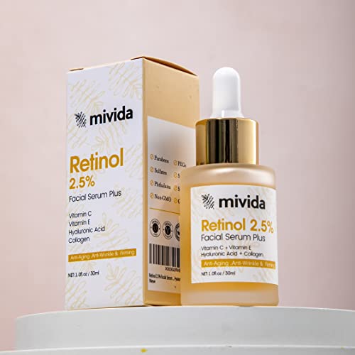 Mivida Firming 2.5% Retinol Serum For Face | Organic Anti-Aging Formula With Hyaluronic Acid, Vitamin C, Vitamin E & Collagen | 1 Fl Oz #TOP5