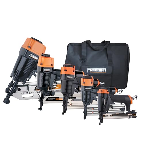 Freeman P5FRFNFWSCB Pneumatic Framing and Finishing Nailers and Staplers Combo Kit with Canvas Bag and Fasteners (5-Piece),Black