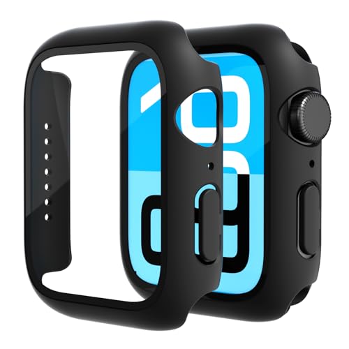 FWMLEW 2 Pack Tempered Glass Case Compatible for Apple Watch SE 3 (2025) SE 2 SE Series 6 Series 5 Series 4 44mm, Hard PC Screen Protector Overall Protection Lightweight Scratch (Black(2-Pack), 44mm)