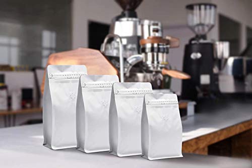 Image of 4 Ounce White Kraft Paper Coffee Bags, Stand Up Coffee Pouches with One Way Degassing Valve and Reusable Side Zipper (Pull Tab to Open) Flat Bottom - Stand Up Well (50pieces / 4oz, 0.25lb, 100gram)