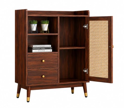 Image of Space Galaxy Sheesham Wood Chest of Drawer with Cane Rattan Door | Wooden Sideboard with 2 Drawers & Open Shelves | Storage Cupboard Organizer for Living Room & Home Furniture | Provincial Teak Finish