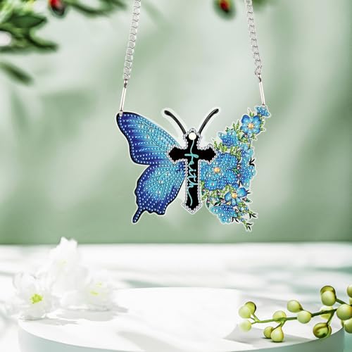 Image of DIY 5D Diamond Painting Hanging Kit, Blue Butterfly Cross Faith Acrylic Pendant Ornament, Religious Special Shaped Diamond Art for Adults, Wall, Door, or Garden Decor Craft Gift