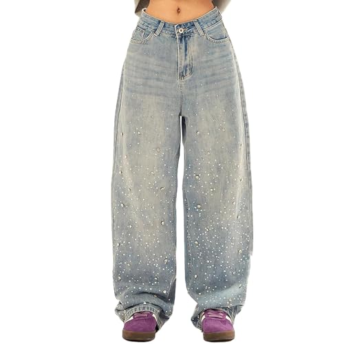 Mens Rhinestone Jeans Vintage Baggy Sparkly Pearl Bling Jeans Chic Wide Leg Denim Pants Womens Y2K Grunge Clothes