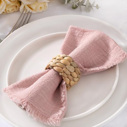 Image of MLMC 10 Pack Dusty Pink Cloth Napkins with Fringe Boho Linen Napkins Washable Reusable Rustic Dinner Table Decor 17 inchx17 inch for Wedding Party Bridal Baby Shower Home Decor