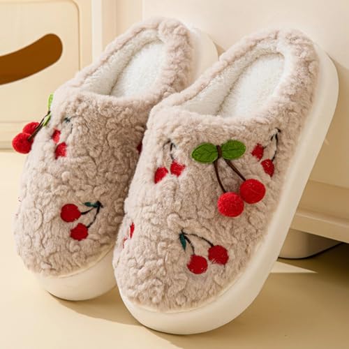 Cherry Slippers for Women Indoor Comfy Winter Warm House Slides Shoes Cute Womens Slippers Fuzzy Plush Slippers Soft Thick Soled Slippers Non Slip Cozy Home Bedroom Slippers3