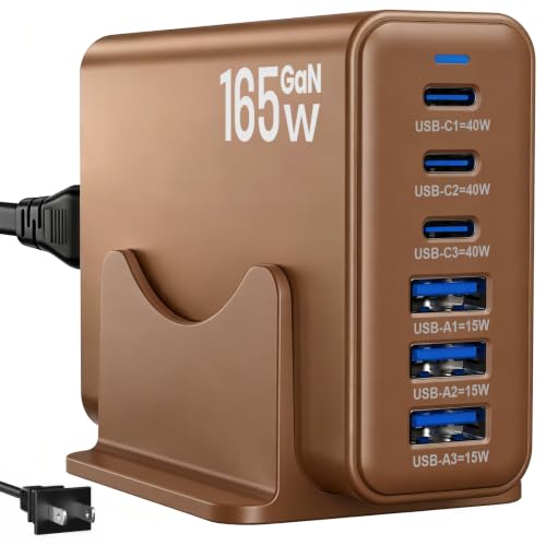 Image of 165W Charging Station, 6 Port Desktop Charger, 3 Ports 40W Brown