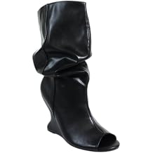 Liliana Womens Slouchy Wedge Bootie Sandal Open Toe Peep Toe Mid Calf Fashion Boots
