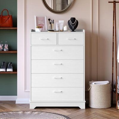 RUSTIC ROOTS Scalloped Wooden Chest of Drawers – 6 Drawer Dresser- Timeless Elegance for Your Home – Handcrafted with Care. (White)