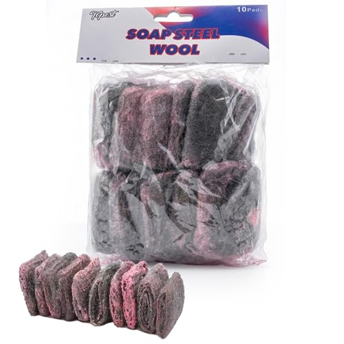 Topest Soap Filled Scoures 10 Pads | Steel Wool Scourer Pads | Remove Tough Stains Grease and Grime with Ease | Great for Kitchen Pans Pots Cookers Etc.