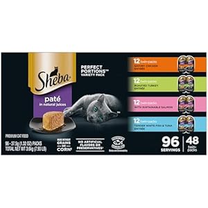 Sheba Perfect Portions Paté Wet Cat Food Variety Pack, Savory Chicken Entrée, Roasted Turkey Entrée, With Sustainable Salmon, and Tender White Fish & Tuna Entrée, 2.6 oz. Trays (48 Count, 96 Servings)