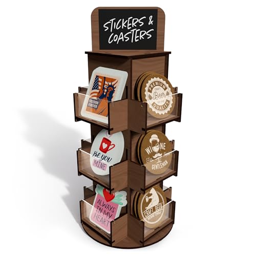 DS Display Store 3-Tier Rotating Sticker Display Stand - Brown Wooden Display Rack - Coaster, Sticker Holder - Vendors, Retail Store Shelves