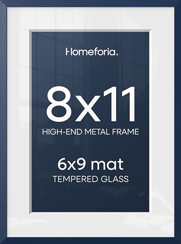 Image of Homeforia 8x11 Picture Frame Navy Blue, High End Metal 8 x 11 Poster Frames with Mat 6 by 9 Photo, 11x8 Frame Matted to 6x9 inch Print, 8by11 Wall or Tabletop Frame, Tempered Glass, Wall Kit, Set of 2