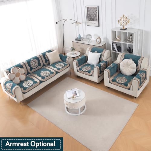Image of HOKIPO Shahi Teal Premium Chenille Jacquard Sofa Cover 5 Seater Set - Washable 3+1+1 Sofa Cover for Seat & Back | 'Royal Aangan Series' (IN-1008-L2*2 + IN-1006-L2*4)