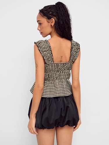 CIDER Womens Tops Square Neck Cotton Blend Gingham Bowknot Tops Short Sleeve Casual Top Daily Top4