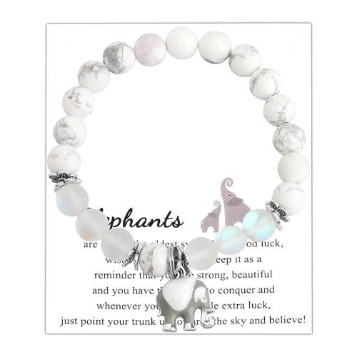 FUSTMW Lucky Elephant Gifts Good Luck Elephant Bracelet Friendship Gifts Elephant Charm Natural Stone Bracelet Inspirational Gifts