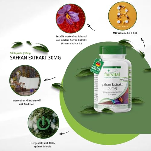 fairvital Safran Extrakt 30mg, 90 Kapseln, schluckfreundlich, mit Pantothensäure, Vitamin B6 und Vitamin B12, Großpackung für 3 Monate, Vegan
