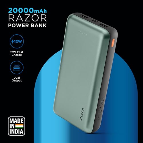 Image of URBN 20000 mAh Li-Polymer Ultra Compact Power Bank | 12W Fast Charge | Dual USB Output | Type C & Micro USB Input Only | Pocket Size | Made in India (Green)