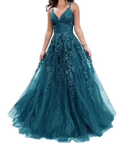 Sparkly Tulle Prom Dress for Women Spaghetti Straps A-Line Long Ball Gown Lace Appliques Formal Dresses with Slit Peacock US 2