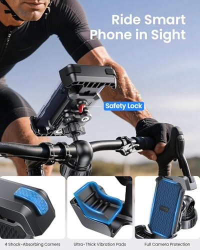 Image of Carlizem Bike Phone Holder Mount for Motorcycle, Scooty & Cycle Handlebar | 360 Rotation Mobile Holder with Shock Absorption, Secure Switch Lock & Cushion Pads | Compatible with All Smartphones