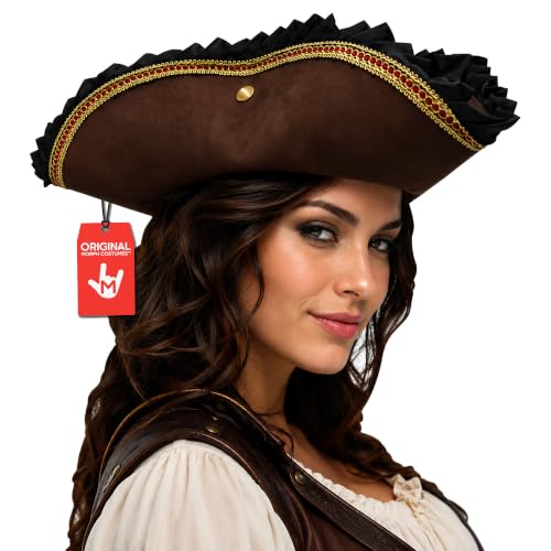 Nicky Bigs Novelties Morph Brown Pirate Hat For Women Tricorn Hat For Adults Captain Hats Buccaneer Cap Pirate Accessories Women With Gold Trim