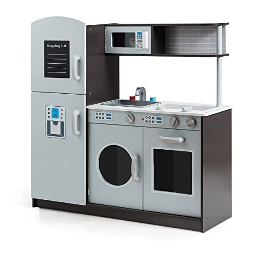 GOPLUS Cocina Juguete de Madera, Cocinita Infantil con Nevera Utensilios Accesorios Divertidos, Cocinitas de Juguetes, Niños (Gris)