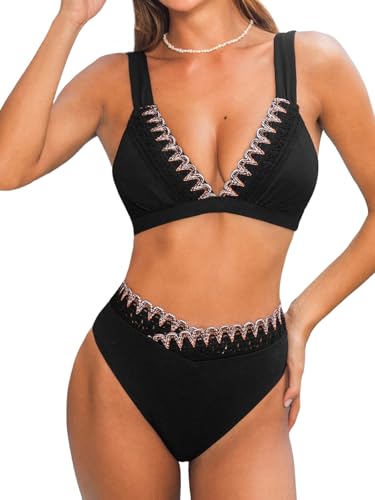 CUPSHE Women's Bikini Sets Two Piece Swimsuit High Waisted Deep V Neck Stitching Wide Adjustable Straps Back Hook