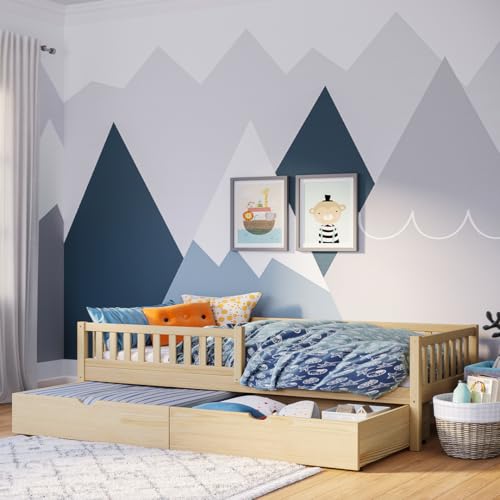 Bellabino Vils Kinderbett 90x200 cm – Kleinkindbett mit Schublade, Rausfallschutz & Lattenrost – Montessori Kinder Bett aus Kiefer Massivholz – in Natur für Jungen & Mädchen mit Stauraum