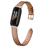 Slim Leather Band Compatible with Fitbit Inspire 3 Women,Top Grain Genuine Leather Strap Thin Wristband for Fitbit Inspire 3 Bands (Brown/Rose Gold)