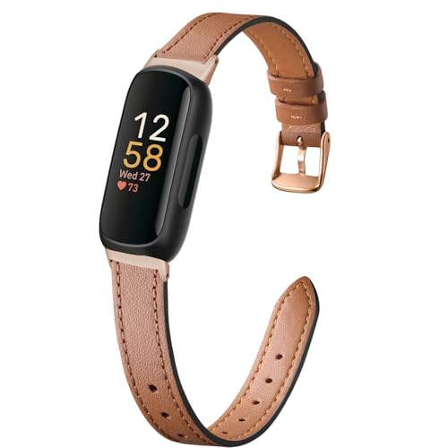 Slim Leather Band Compatible with Fitbit Inspire 3 Women,Top Grain Genuine Leather Strap Thin Wristband for Fitbit Inspire 3 Bands (Brown/Rose Gold)