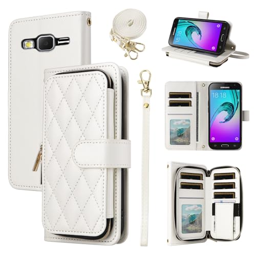 Furiet Argyle Wallet Case for Samsung Galaxy J3 2016/J 3 V/J36V/Sky/Amp Prime with Wrist Strap Shoulder Strap, 9+ Card Slot Zipper Purse Stand Phone Cover for Sol J3V JV3 J36 6 J320V J320A White
