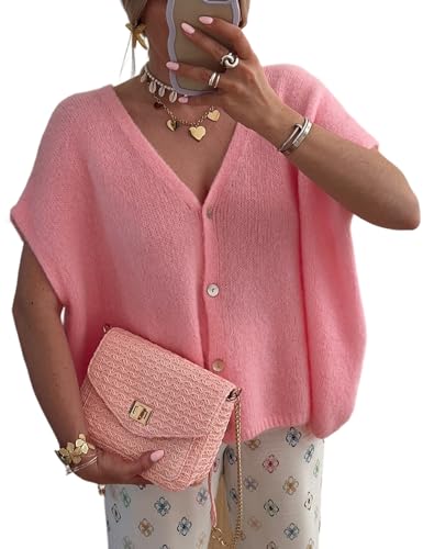 Image of Gihuo Women's Short Sleeve Sweater Cardigan Y2K Button Down Ribbed Knit Sweaters V Neck Oversized Going Out Tops(Pink-M)