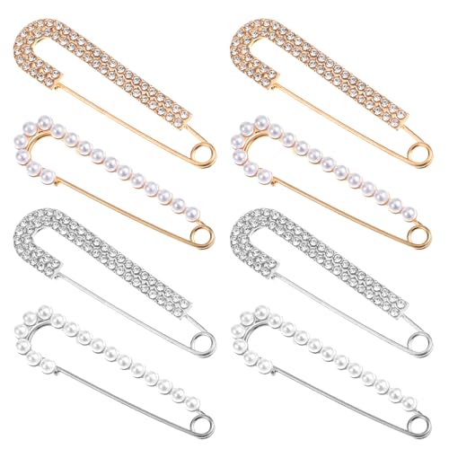 Image of 8 Pcs Brooch Pins Peal Decorative Safety Pins Sweater Shawl Clips Brooch Safety Pin for Clothing Dress Pants Skirt Cardigan Collar Faux Pearl Rhinestones Brooches for Womens Pants Extender