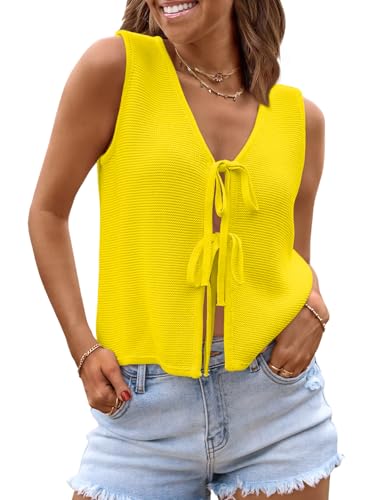 Image of LILLUSORY Womens Tie Front Tops Vacation Sweater Vest | Bohemian Style, Beach Resort Wear, Concert Western Outfits, Crochet Tops, Vacation Outfits, Cute Y2k Sleeveless 2026