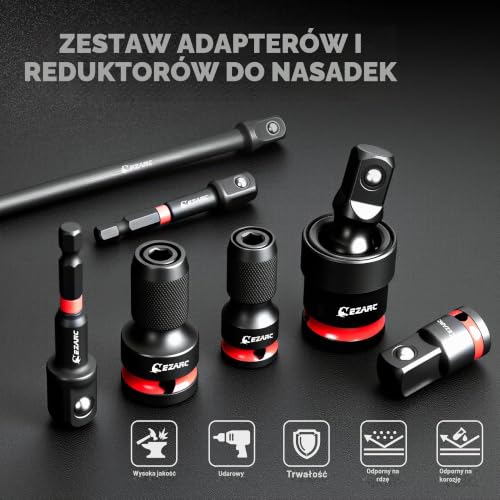 EZARC Zestaw adapterów do gniazd udarowych, zawiera uniwersalny zestaw gniazd obrotowych CR-MO, łączniki udarowe CR-MO, reduktory CR-V, końcówki sześciokątne CR-V, kwadratowe gniazda napędowe, napęd 1
