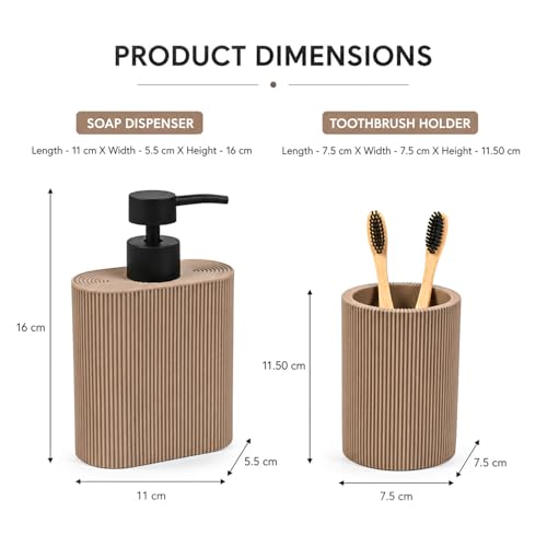 Image of MARKET 99 Bathroom Accessories Set of 2 | Brown Polyresin Soap Dispenser & Toothbrush Holder | Textured Matte Bathroom Organizer Set for Vanity, Countertop & Wash Basin
