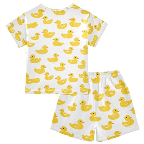 ALAZA Yellow Duck on White Pajamas Set Short Sleeve Cotton Sleepwear Summer Pjs 2 Piece 5-14Y2