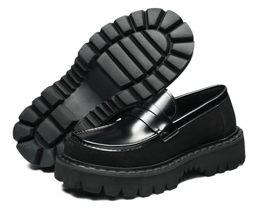 Santimon Men's Slip-On Chunky Penny Loafers Dress Casual Platform Shoes - Glossy Genuine Leather Mocasines for Formal Business Prom Wedding4
