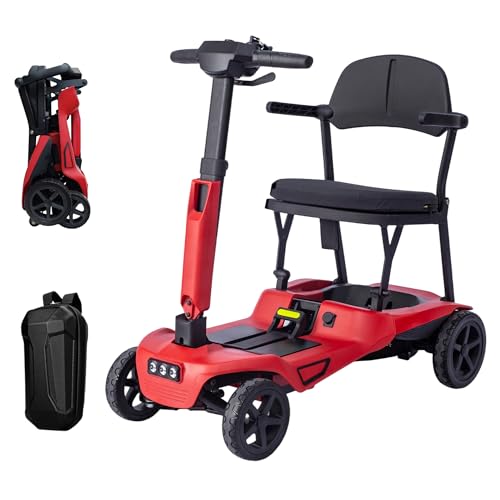 iCAN X-15 Folding Mobility Scooter 2026 Model 10ah Removable Battery 10 Miles Range 18kg Lightweight Canvas Bag LCD Display Compact Travel Scooter for Senior UK Class 2 (Red)