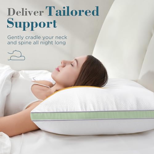Image of viewstar Pillows Queen Size Set of 2, Firm Support Bedding, Green | Down Alternative, Gusseted, Hotel Quality, Fluffy Plump Filling, Oeko-Tex Certified, Machine Washable, for Side Sleepers