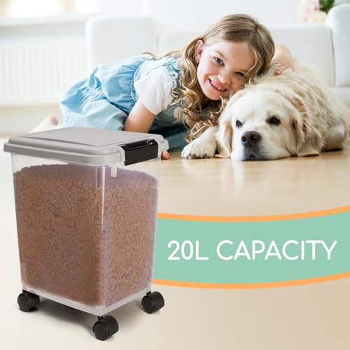 Nobleza - Futterbehälter für Haustiere, 20 L, für Haustiere, Lebensmittelbox mit Rädern, Klappdeckel, Luftdicht, Transparent, Rollen und Schaufel, für Hunde und Katzen, Grau